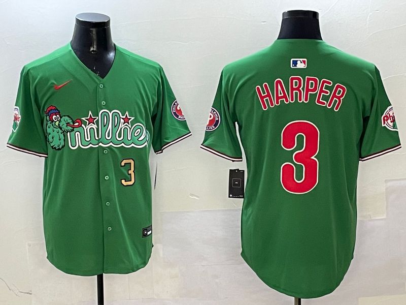 Men Philadelphia Phillies 3 Harper Green Three generations Joint Name Game 2025 Nike MLB Jersey style 4